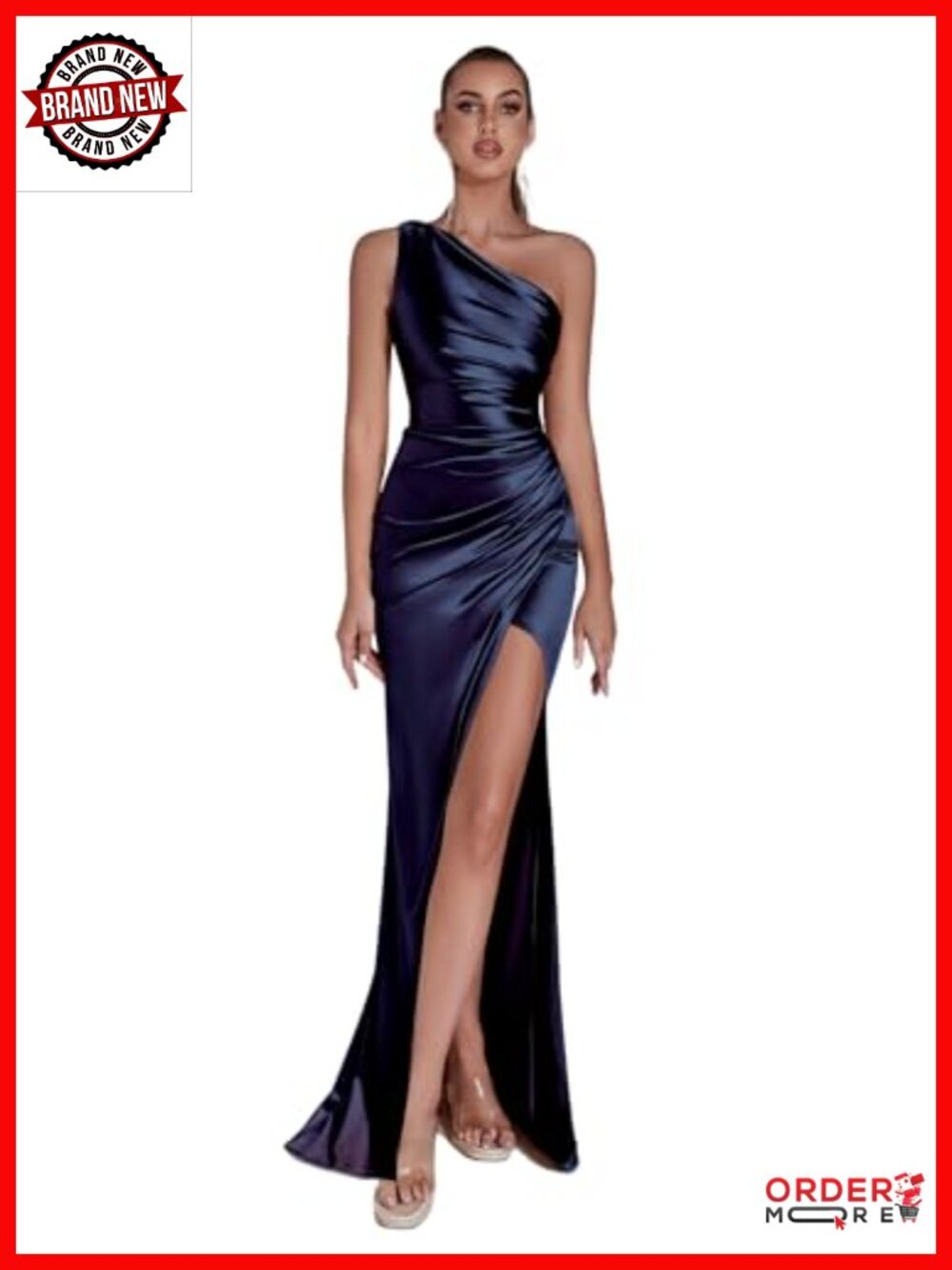 Satin One Shoulder Maxi Dress Bodycon Ruched Side Slit Formal Party